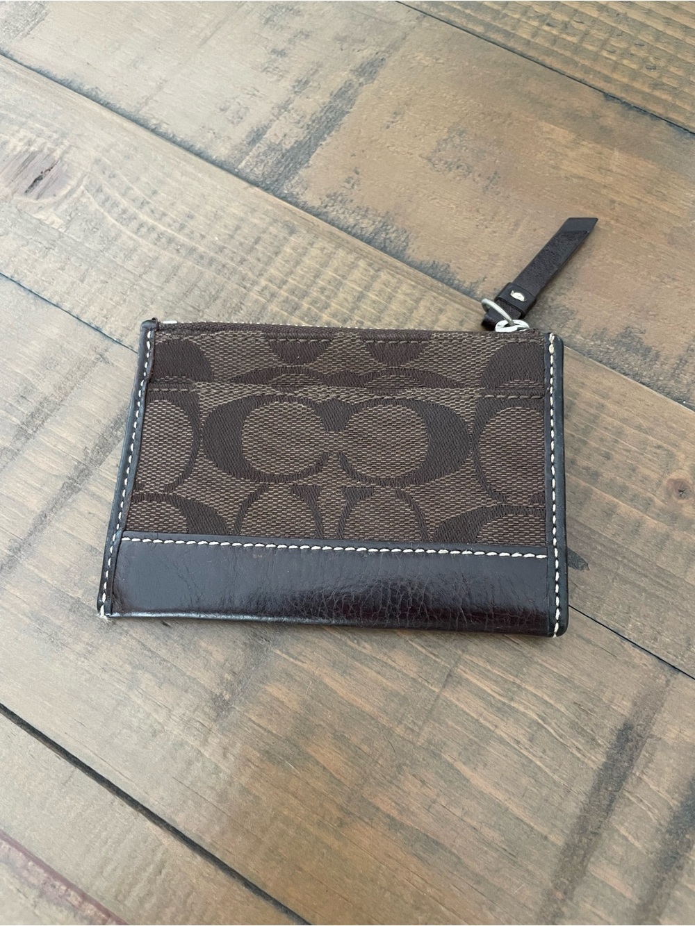 Coach Brown Signature Canvas Zip Card Case with Dark Brown Trim